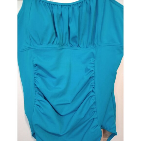 Lands End Blue One-Piece Swim Gold Accents & Ruched Front Womens Size 16 - Picture 7 of 11